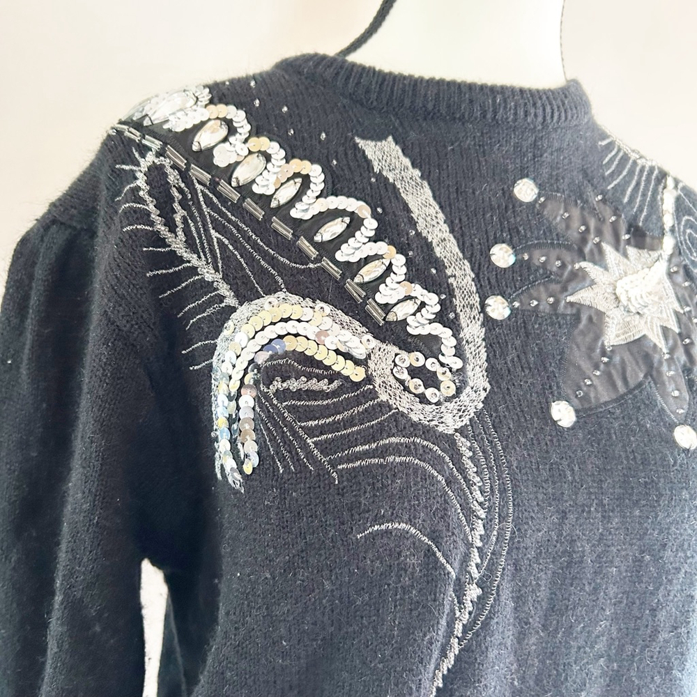 Vintage 80’s Cross Roads Black & Silver Embellished Sweater Size M Sequins - Picture 4 of 11
